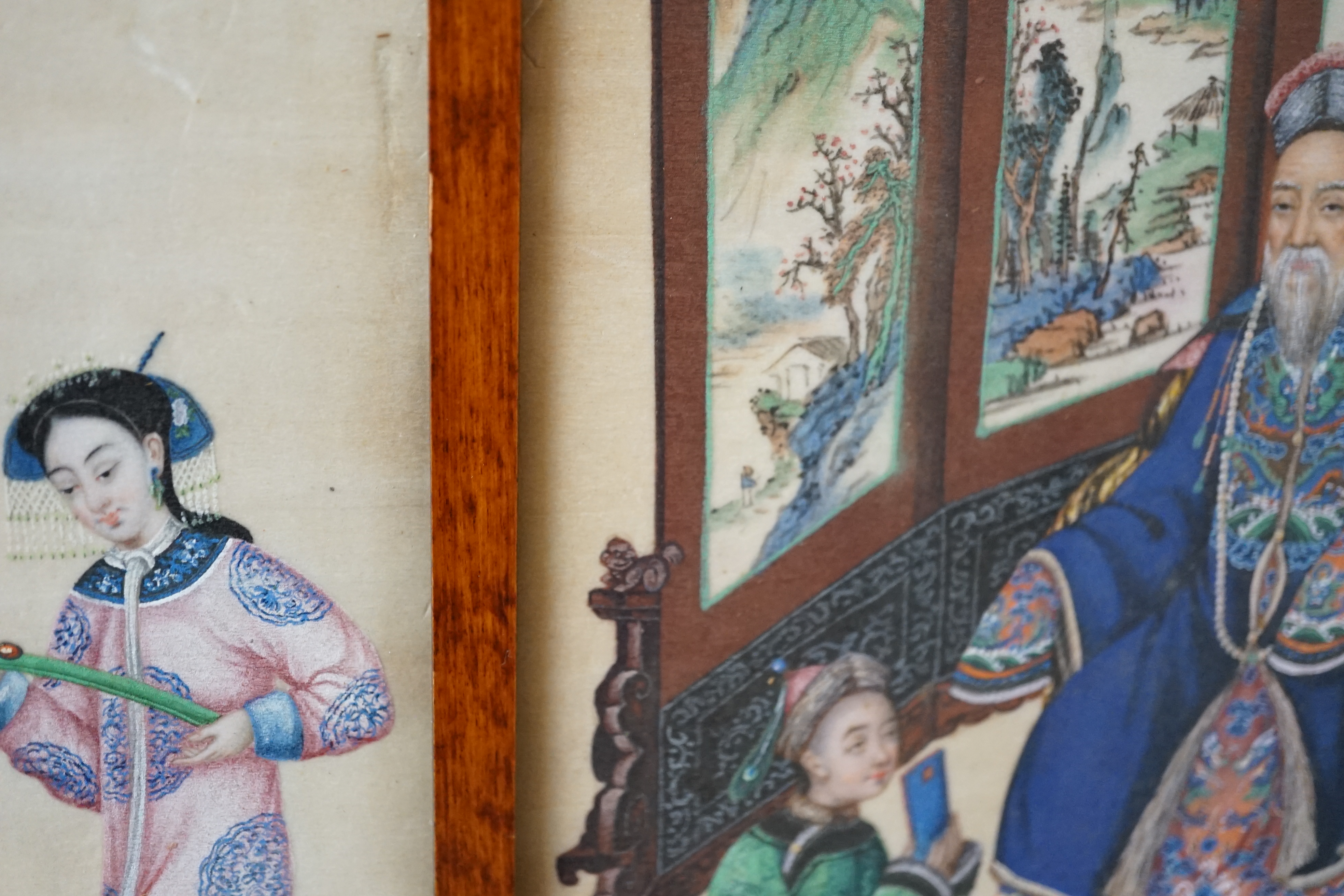 A set of eight Chinese pith paintings of an emperor and empress, court dignitaries and attendants, mid 19th century